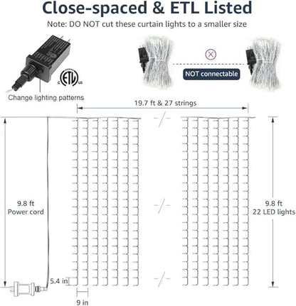 Lighting EVER 594 LED Curtain Lights, 20 x 10 ft Plug in Hanging Fairy String Lights, Wedding Party Backdrop Lights, Window Twinkle Lights for Wall, Patio, NOT Connectable (27 Strings, 9" Apart)