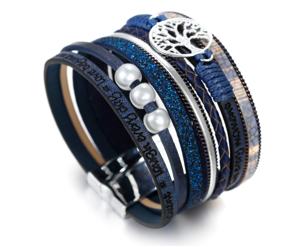 Fesciory Leather Wrap Bracelets for Women, Boho Leopard Multi-Layer Crystal Beads Cuff Bracelet Jewelry (Tree of Life(Blue))