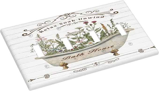 Rustic Farmhouse Wooden Board Botanical Flower Quad Gang Toggle Light Switch Cover 4-Gang Wall Plates Decorative Electrical Switchplate for Home Bedroom Art Decorate