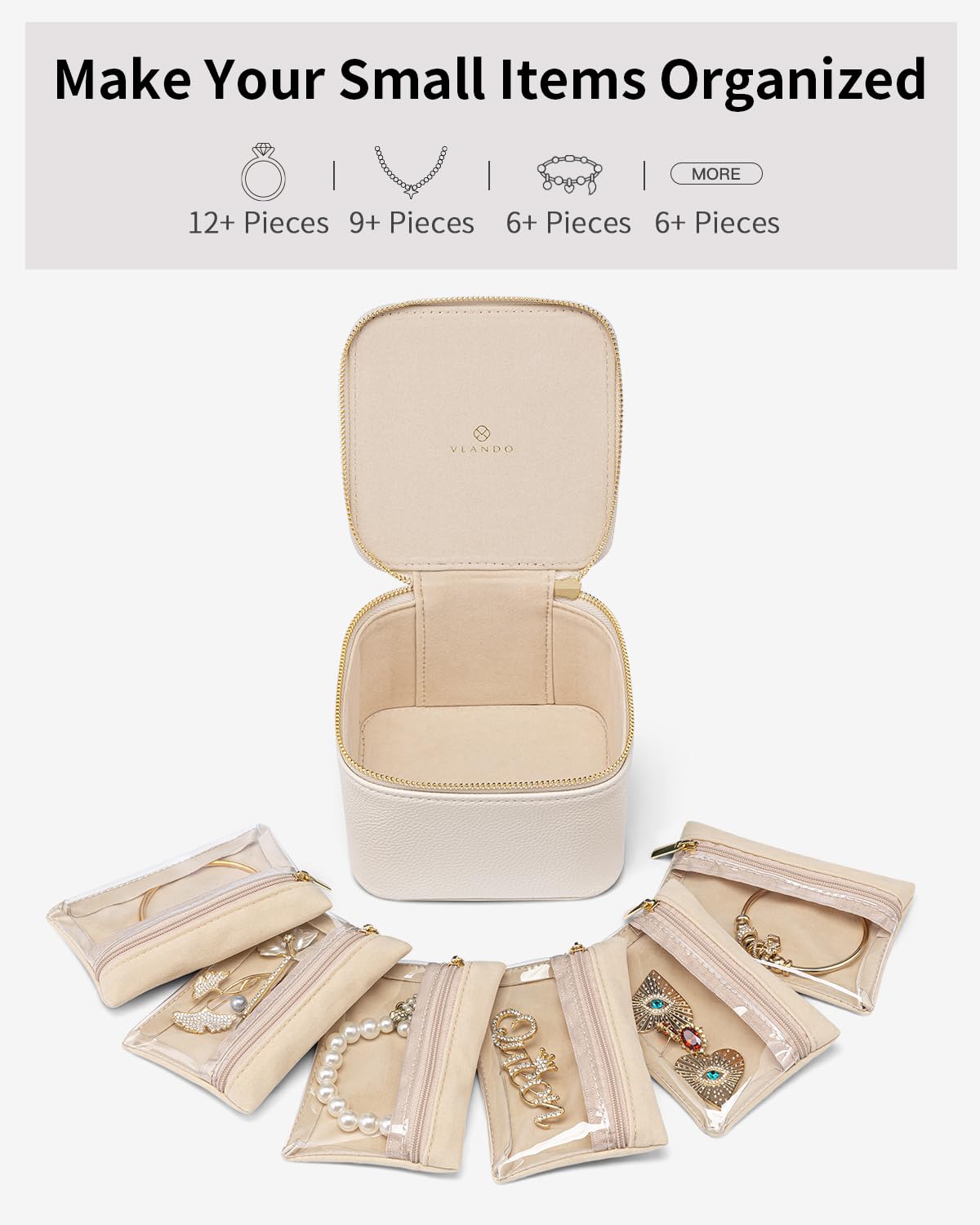VLANDO Travel Jewelry Organizer Case with 6 Clear Velvet Zipper Pouches, Faux Leather Jewelry Storage Box for Rings, Earrings, Necklaces and Bracelets, Gift for Women