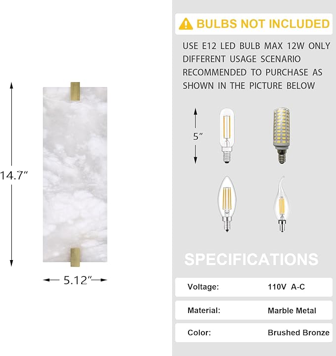2 Pack 2 Light Square 14.7" Alabaster Marble Bathroom Wall Sconce Modern Concise Style Wall Light Fixture,Gold Finish for Bedroom Hallway Bedside