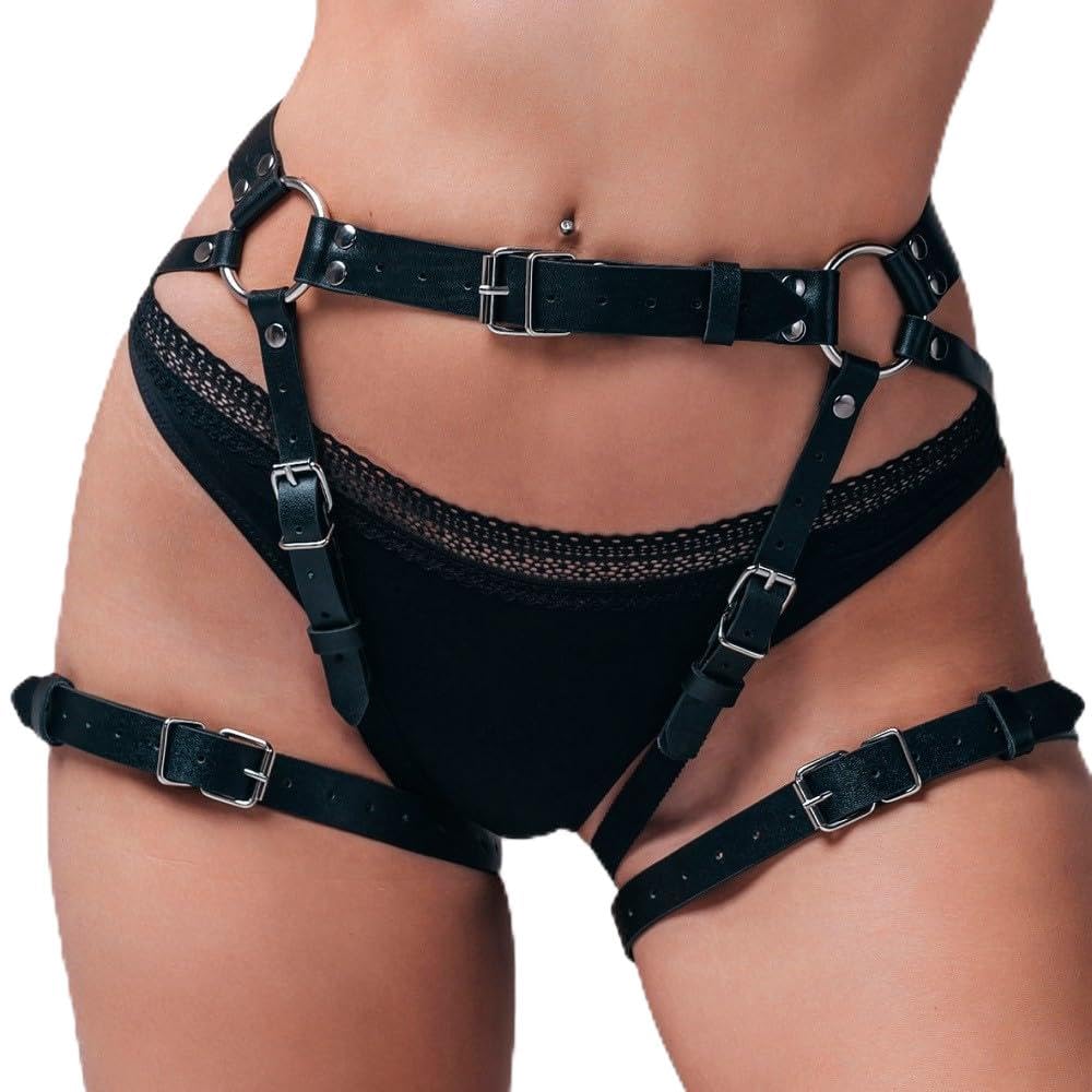 ROIEIIR Women Leather Sexy Punk Goth Leather Garter Body Harness BDSM Bondage Waist Leg Cage Beds Harness Garter Belt Erotic Lingerie Thigh Chain