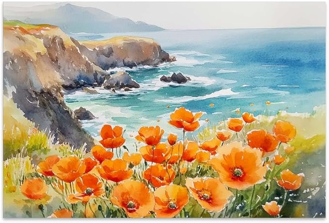 Yesad Poppies Wall Art, California Landscape Canvas Wall Art Poppy Poster Coastal Wall Art Flower Pictures Farmhouse Wall Décor for Living Room Bedroom (Unframed,12”x8”, Poppy2)