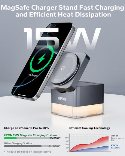 KPON for iPhone Nightstand Charging Station,15W 3 in 1 Wireless Phone Charger Stand with Night Lamp, Travel Foldable Magnetic Cube Magsafe Dock for iPhone 16 15 14 13 12 Series/Apple Watch/Airpods