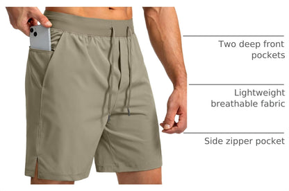 Soothfeel Men's Running Shorts with Zipper Pockets 7 Inch Lightweight Quick Dry Gym Athletic Workout Shorts for Men (Dusty Khaki, XS)