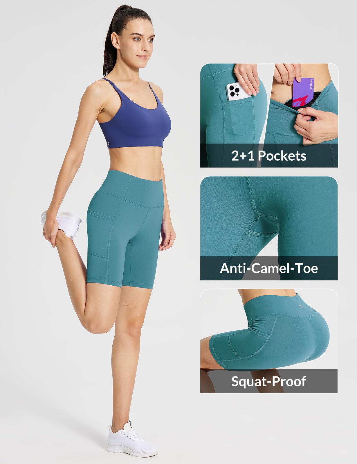 baleaf Biker Shorts Women Yoga Gym Workout Spandex Running Volleyball Tummy Control Compression with Pockets 8" Green M