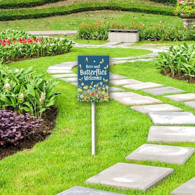 Uptell Bees Butterflies Welcome Here Yard Signs with Stakes Aluminum Sign for House/Front Door and Business Outdoor Decoration 7x8.8 Inch