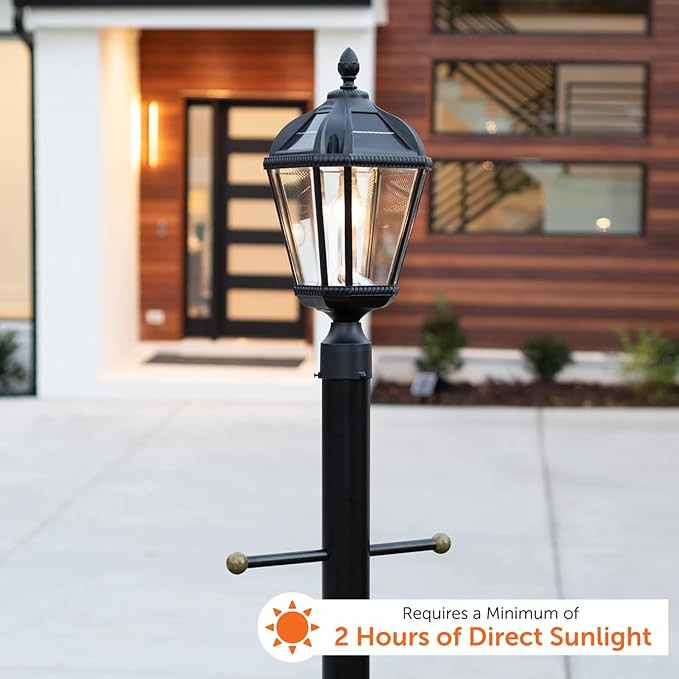 Gama Sonic Outdoor Solar Post Light, Black Aluminum, Royal Bulb, Rain Water Glass, Single Lamp with 3-inch Fitter for Lamp Posts Warm White LED, 98B012 (Upgraded Panel and Battery)