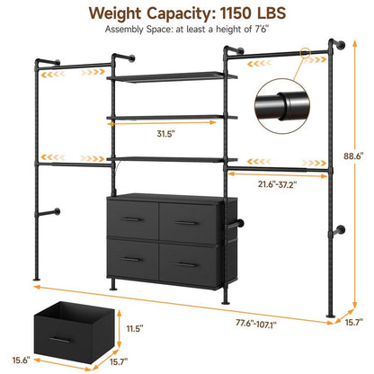 T3 Closet System with Stepless Dimmable LED Light, Industrial Pipe Clothing Rack with 4 Drawers, 6 Wooden Shelves & 4 Telescopic Rods, Heavy Duty Closet Organizers in Wardrobe Closet (Black)