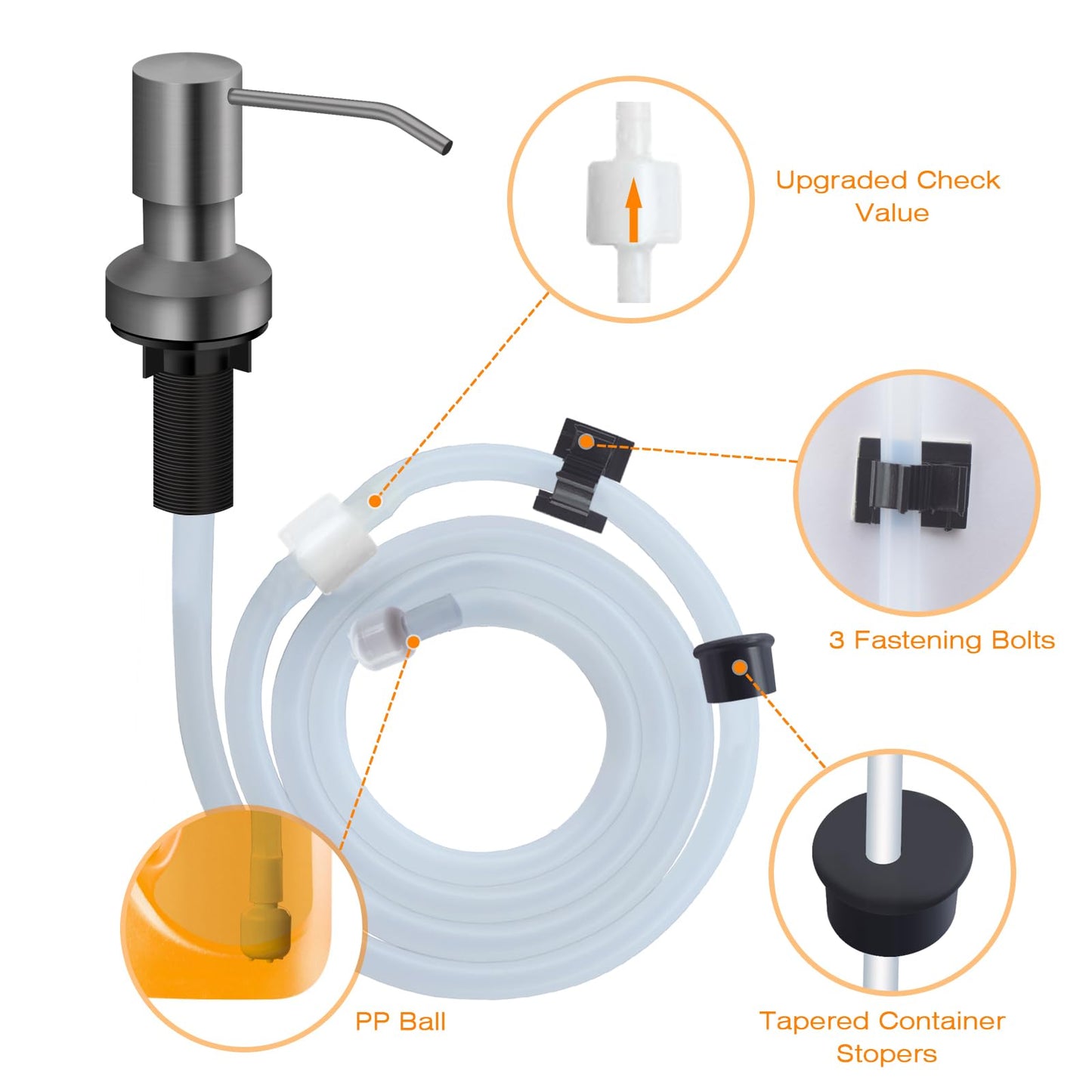Sink Soap Dispenser for Kitchen Sink, Countertop Built in Sink Soap Dispenser with 47” Extension Tube kit, No Need to Fill The Little Bottle Again (Gray)