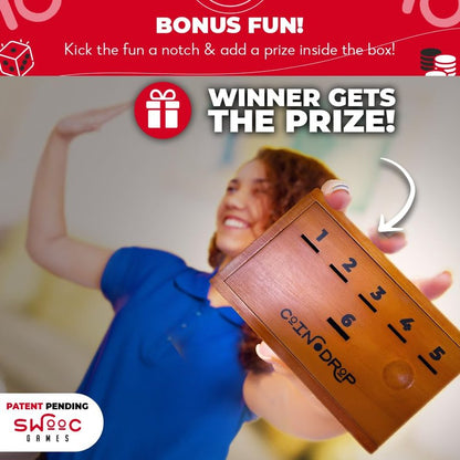 SWOOC Games - Coin Drop™ | Simple + Strategic Dice Games for Families with Coins Included for 2-6 Players | Works W/Pennies Too | Get Rid of Coins to Win | Board Games for Kids | Penny Game Wood Box