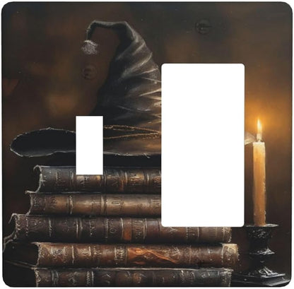 Decorative Art Light Switch Covers Wizard’s Hat & Spellbooks 2 Gang Single Toggle Rocker Combination Electrical Faceplate Switchplate Wall Plate for Home Decor