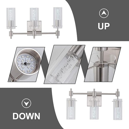 LED Vanity Lights - 24" Modern Bathroom Light Fixtures, 3-Light Brushed Nickel Vanity Light with Crystal Bubble & Clear Glass Shade, 24W Bathroom Lighting Fixtures Over Mirror
