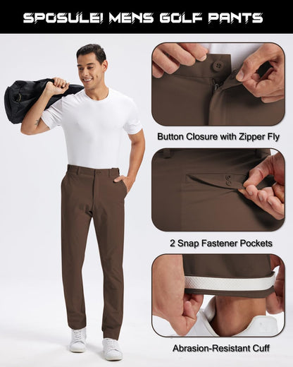 SPOSULEI Men's Golf Pants Lightweight Quick Dry Dress Business Pants with 4 Pockets Stretch Chino Slacks Pants Brown 30Wx30L