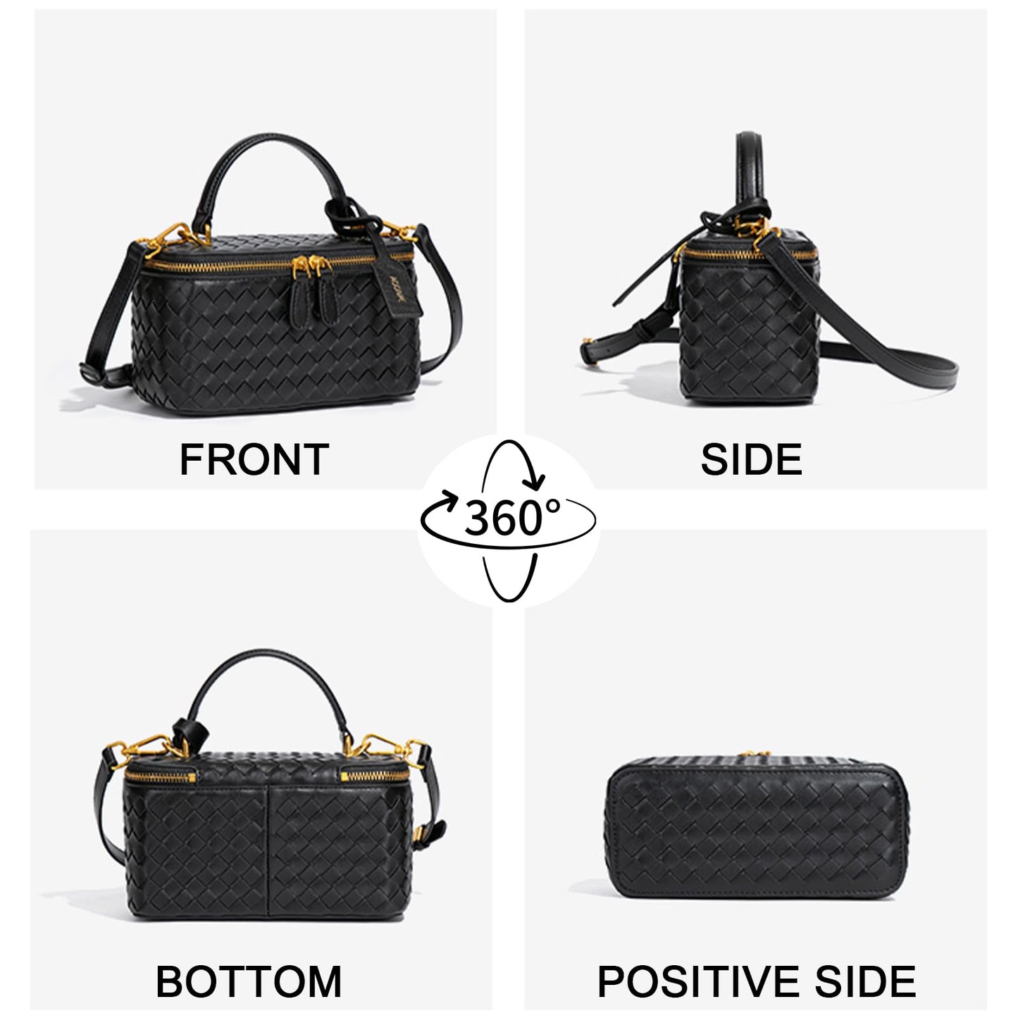 AOOPNE Woven Box Crossbody Purse For Women, Trendy Vegan Leather Shoulder Handbags with Adjustable Strap (Black)