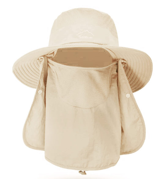 Fishing Hat for Men & Women, Outdoor UV Sun Protection Wide Brim Hat with Face Cover & Neck Flap (Beige)