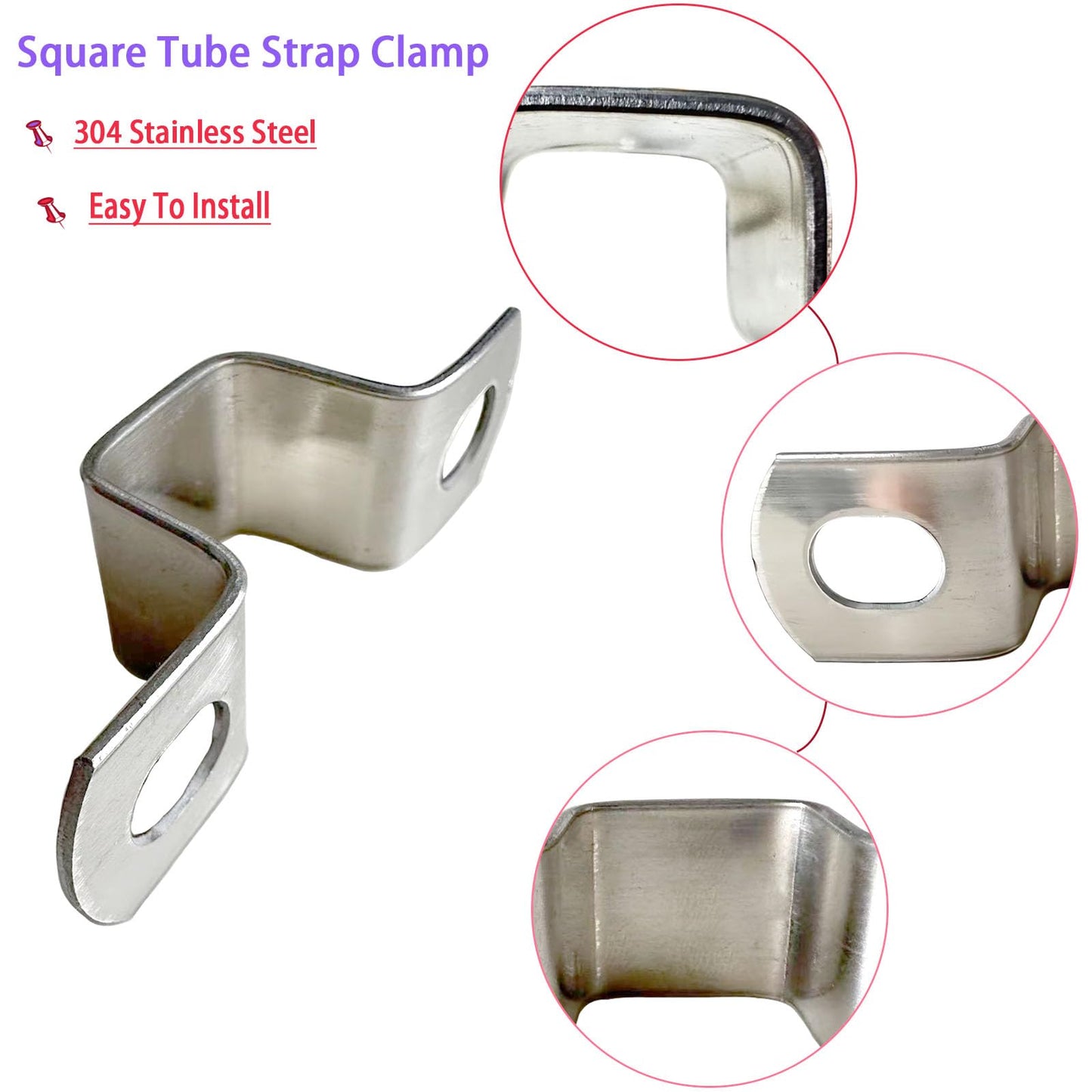 RITUIPIO 5 pcs 50 mm×50 mm Square Pipe Strap 304 Stainless Steel Square Conduit Strap Heavy Duty Tube Strap Clamp for 2"×2" Square Pipe