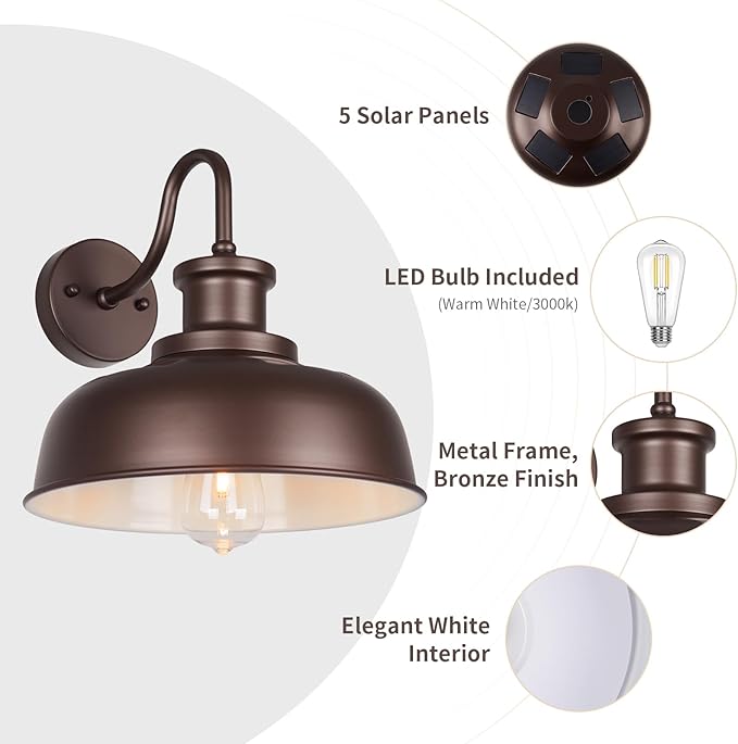 Solar Barn Light for Outside, Gooseneck Outdoor Wall Lights Solar Powered, Farmhouse Exterior Wall Sconce, Industrial Outside Lighting Fixture, Rustic Lantern for Garage, Barn, Shed, RZSR007 OW