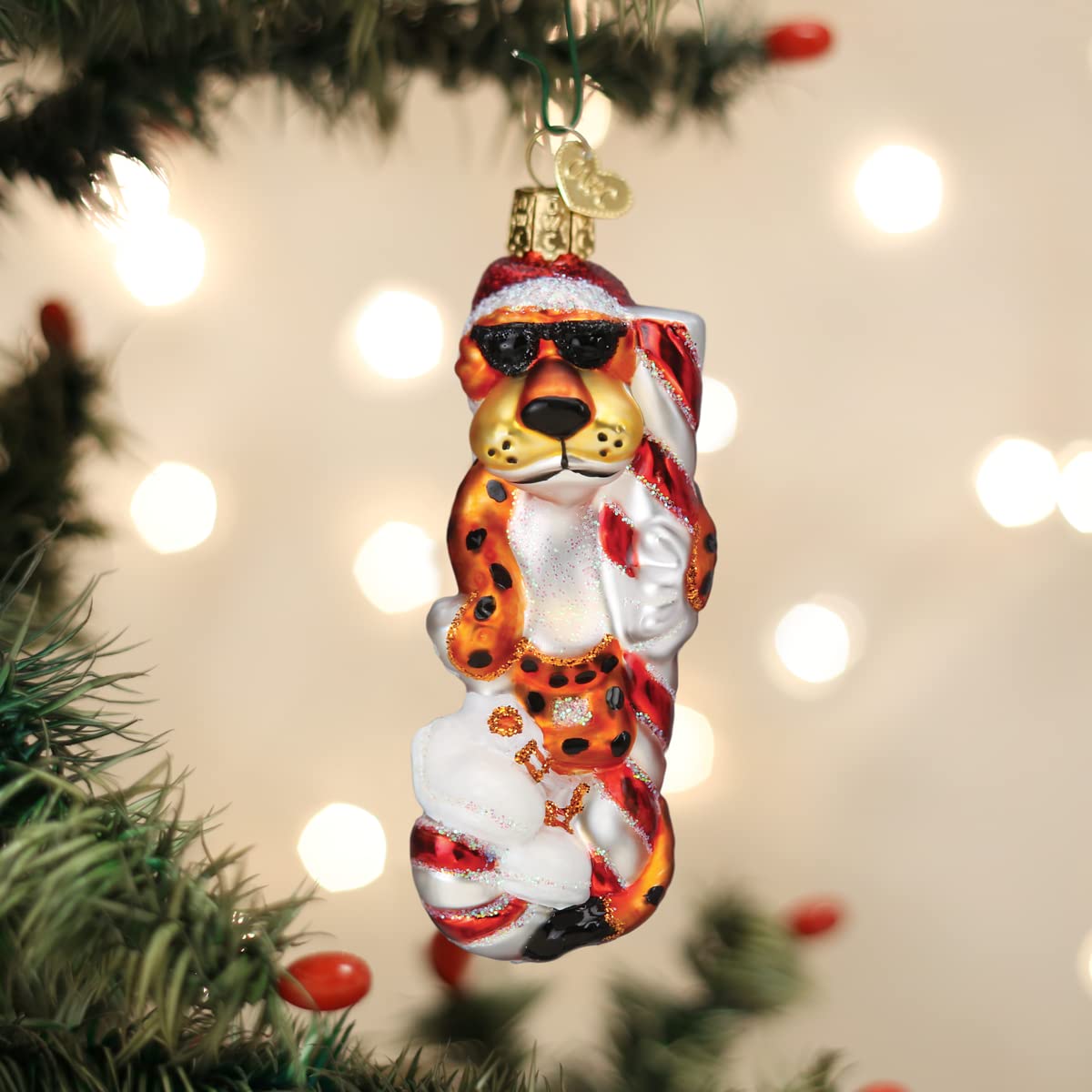 Old World Christmas Chester Cheetah on Candy Cane Glass Blown Ornament for Christmas Tree, Handcrafted Holiday Decoration, Snack Collection