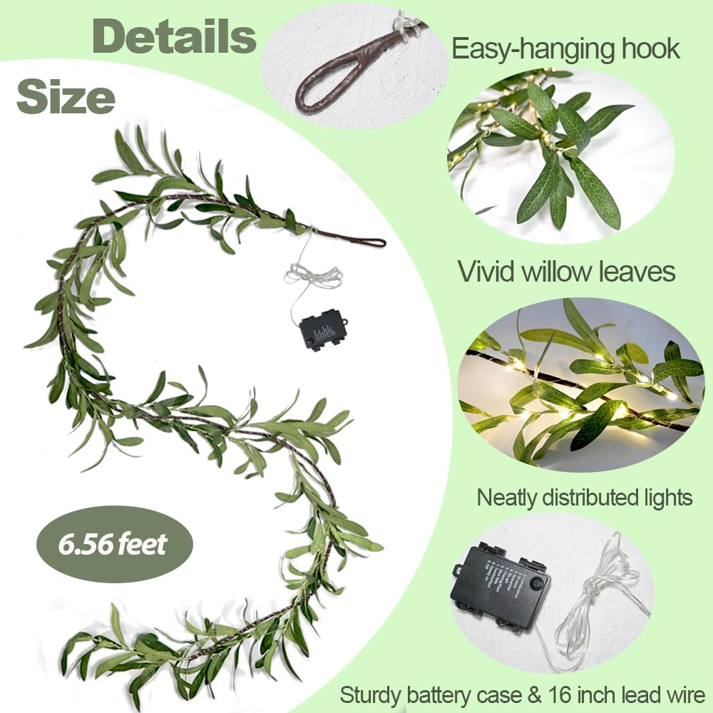 6.56FT Lighted Olive Garland with Lights 96 LED 8 Modes Battery Operated with Timer Artificial Greenery Vine Garland with Lights for Mantel Fireplace Table Wall Patio Wedding Holiday Spring Decoration