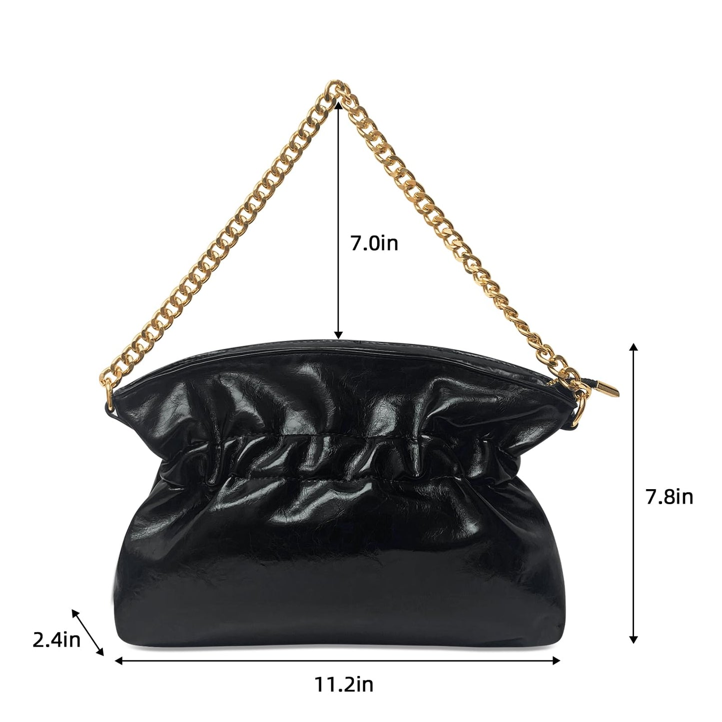 KKXIU Evening Clutch Purses for Women Shiny Metallic Solid Color Crossbody Bag with Gold Chain Strap Elegant Party Wedding Handbag (Black)