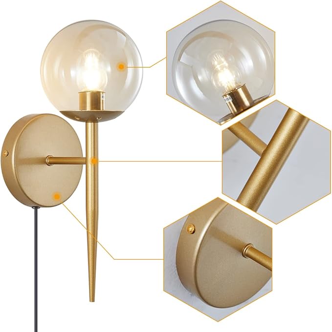BOKT Vintage Brushed Gold Plug in Cord Wall Sconce Set of Two Mid Century Modern Globe Wall Sconce Lighting Plug in Set of 2 Vanity Bathroom Bedroom Bar Wall Lamp Plug in (Amber)