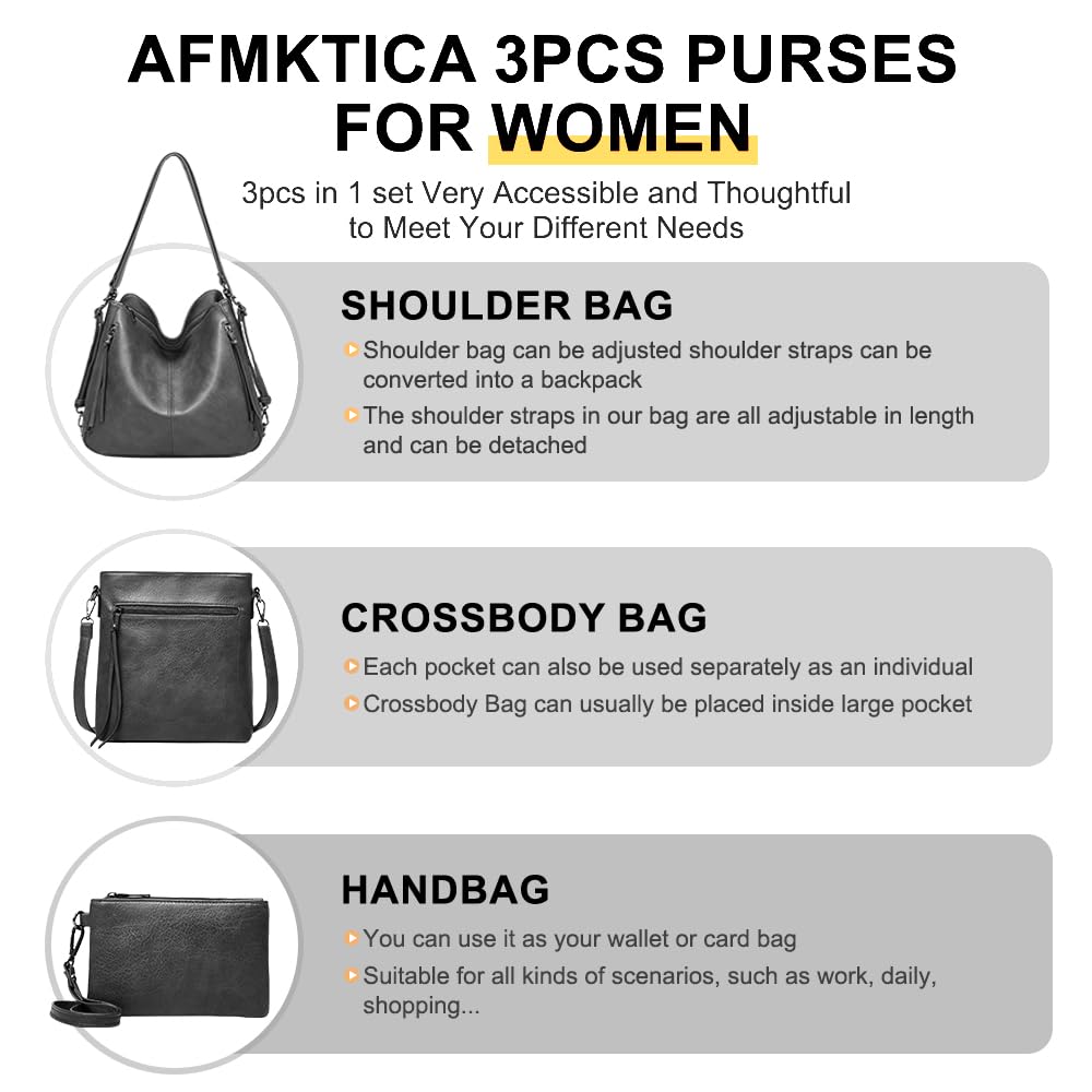 PU Leather Purses 3PCS, Hobo Crossbody Bags Set for Women, 3 in 1 Convertible Backpack for Ladies Shoulder Bags satchel Bags (Black)