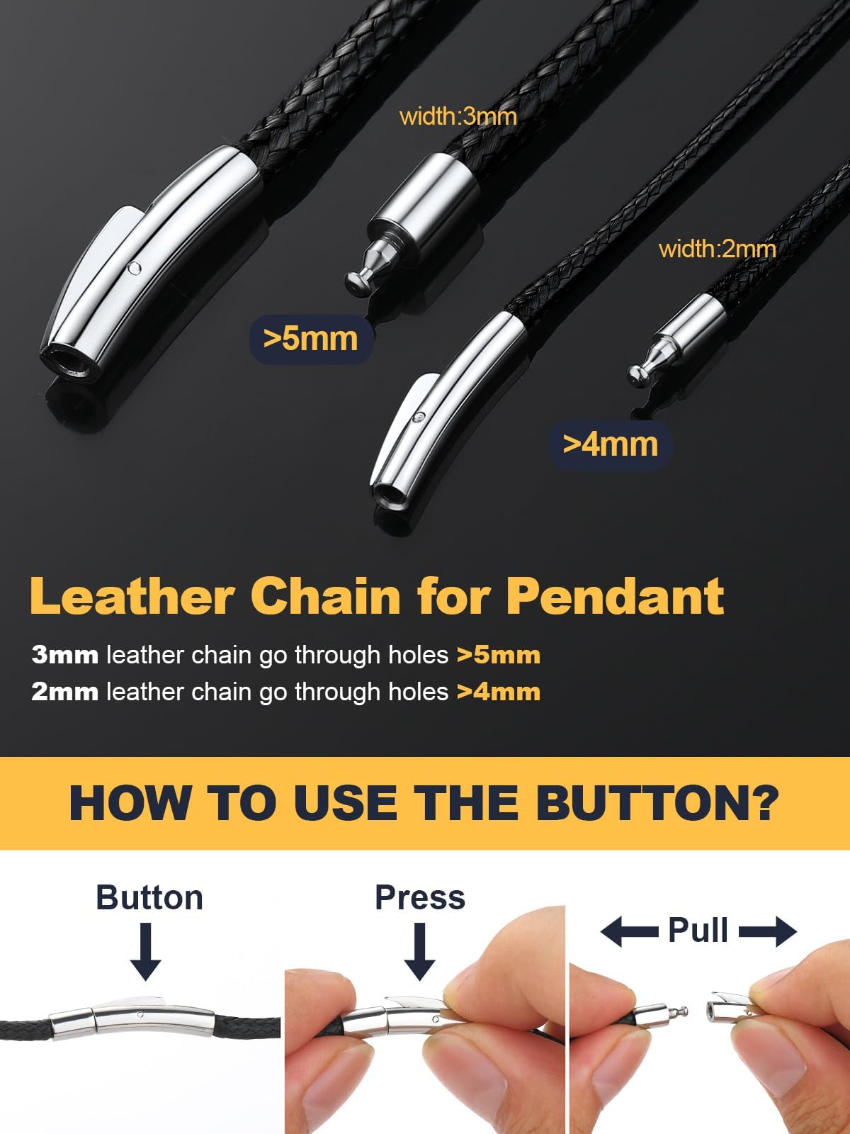 U7 Black Leather Cord Necklace with Stainless Steel Clasp, Men Women 2mm Wide Woven Wax Rope Chain for Pendant, Length 20 Inch
