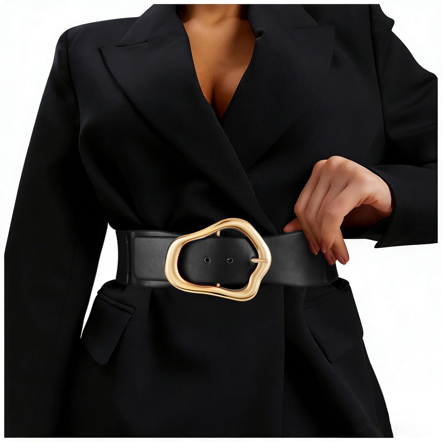 XZQTIVE Women Wide Elastic Waist Belt for Dresses Fashion Big Gold Buckle Stretchy Leather Waistband for Ladies, Black, 100cm