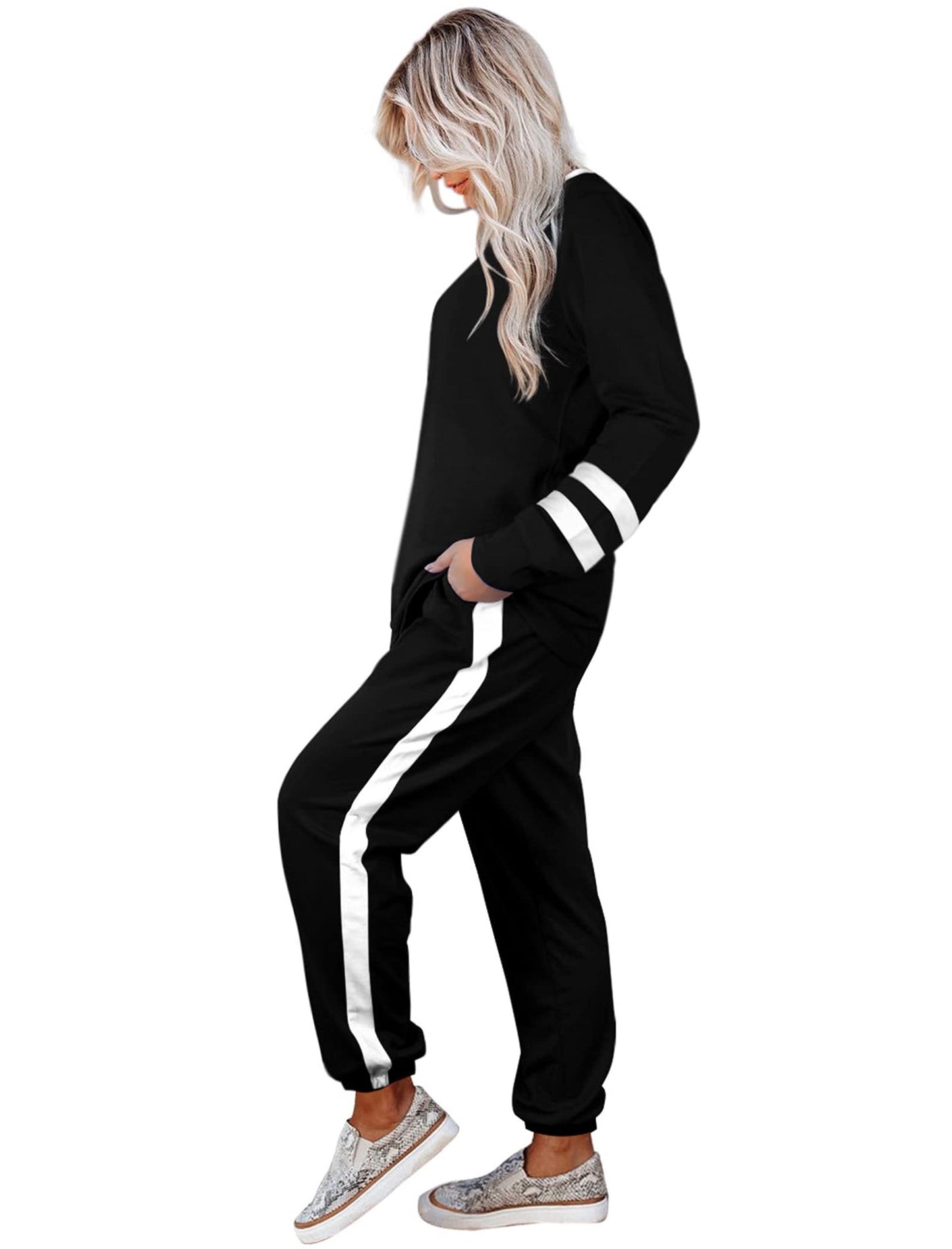 Aloodor Workout Sets for Women 2 Piece Outfits Casual Loose Fitting Tops Black 2XL