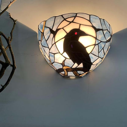 Bieye L10958 Raven Sitting on Tree Branch Against Full Moon Tiffany Style Stained Glass Wall Sconces Light Fixture for Home Decor
