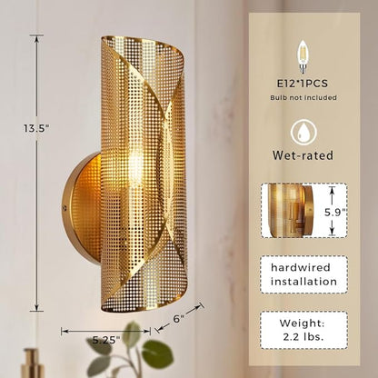 21.6 Inch Curved Perforated Wall Sconce, Hand-Made Aged Brass Metal Wall Mounted Light Beside Mirror, Luxury Wall Light for Bedroom, Elegant Light Fixture for Indoor