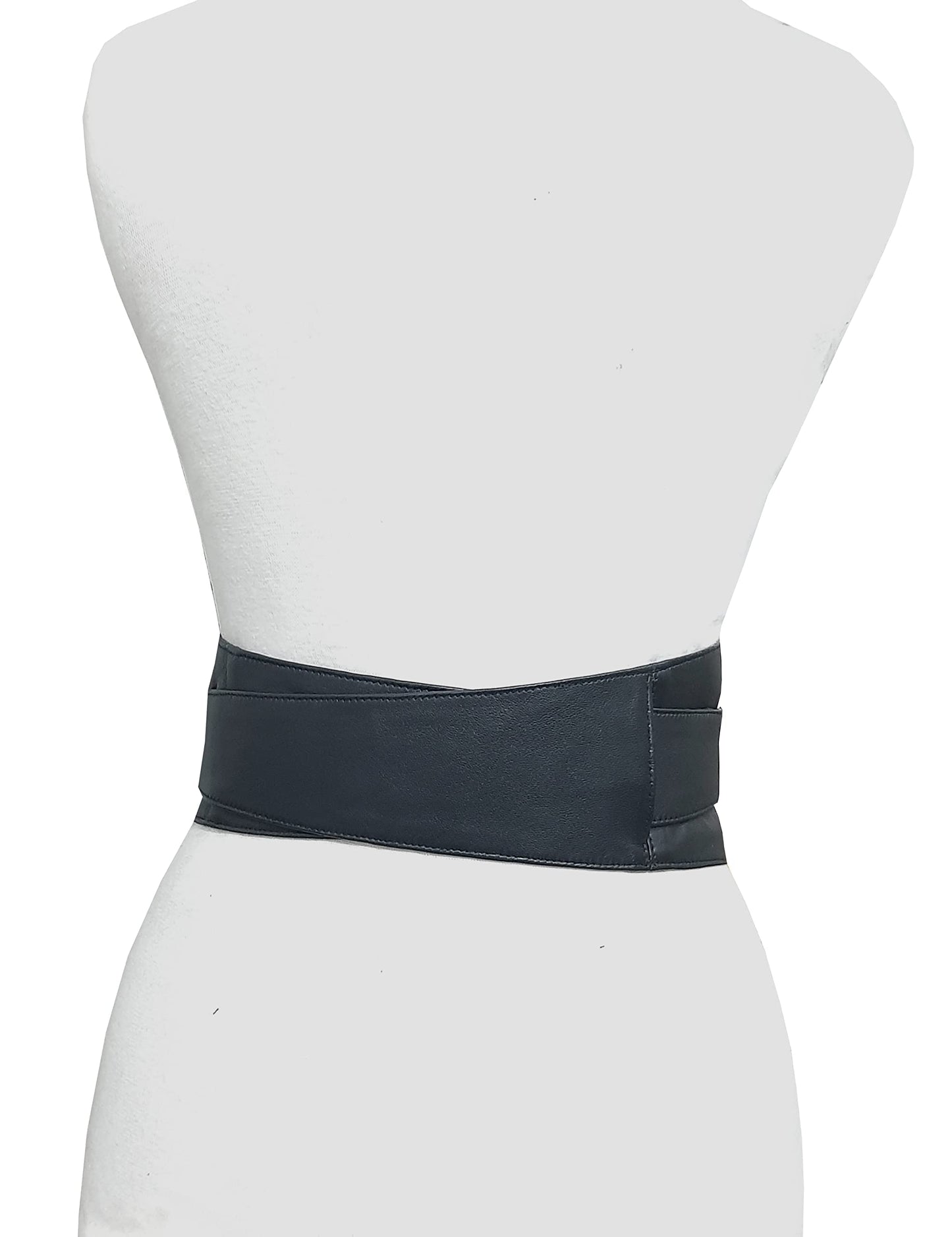 Women's Genuine Black Leather Obi Sash Wrap Corset Harness Wide Elegant Buckle Belt (M(8-10 US), Black)