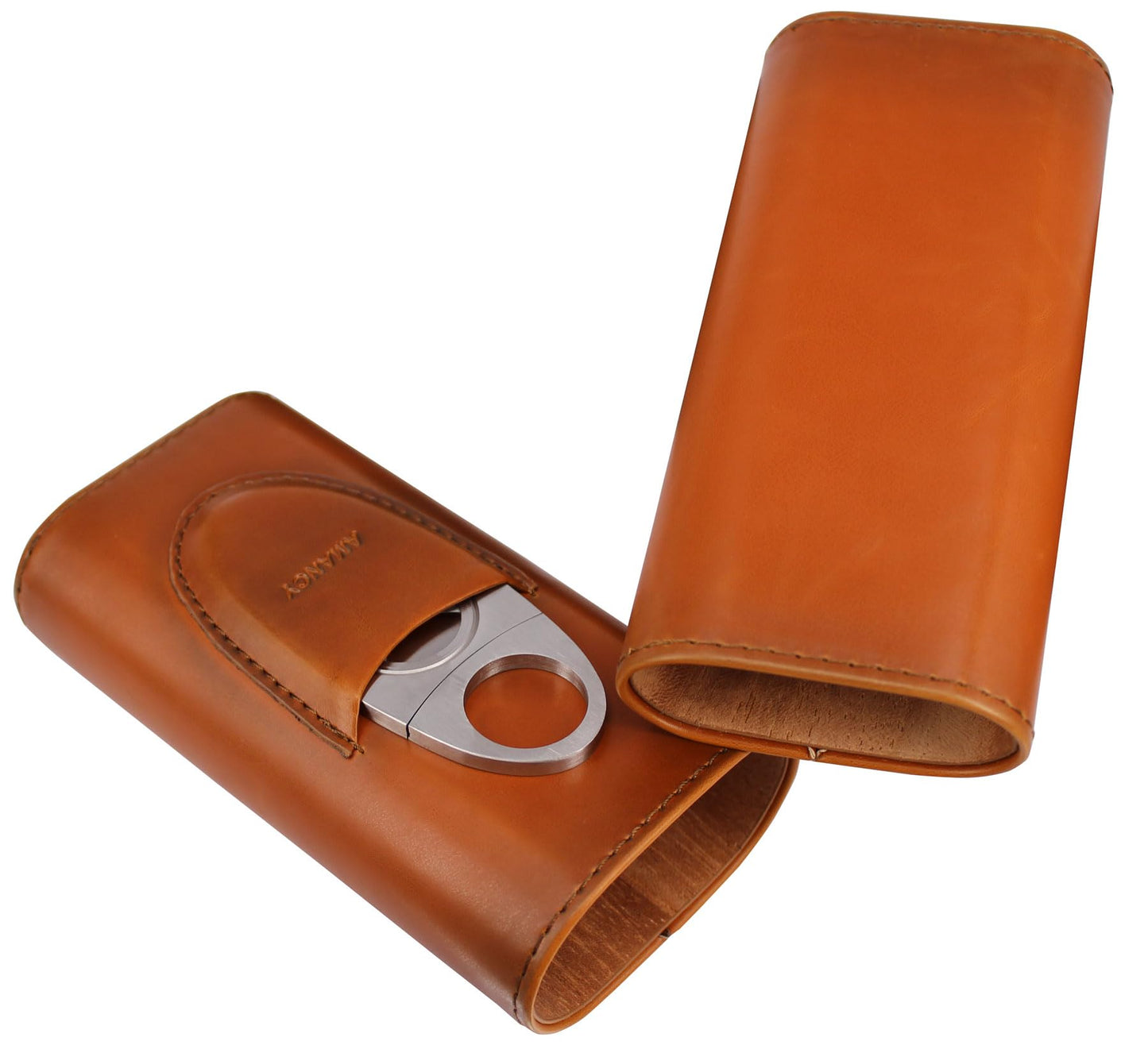 AMANCY Premium 3- Finger Brown Leather Cigar Case, Cedar Wood Lined Cigar Humidor with Silver Stainless Steel Cutter