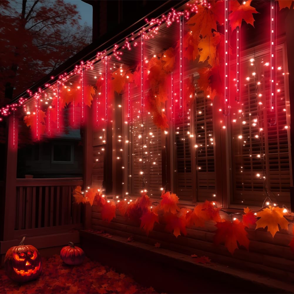 Aukora Red Led Halloween Lights Outdoor, Christmas Lights Outside, 8 Tube Snow Falling Rain Icicle String Light for Xmas Tree Party Thanksgiving Day Garden Camp Wedding Decorations, UL Plug