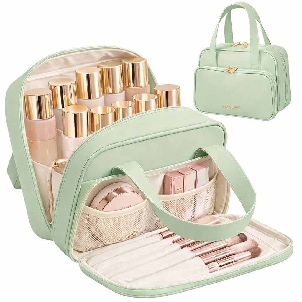 VISSUX Travel Makeup Bag for Women, Waterproof PU Leather Cosmetic Organizer with Handle, Large Capacity Toiletry Bag with Wide-Open & Multiple Compartments for Travel Accessories & Essentials (GREEN)