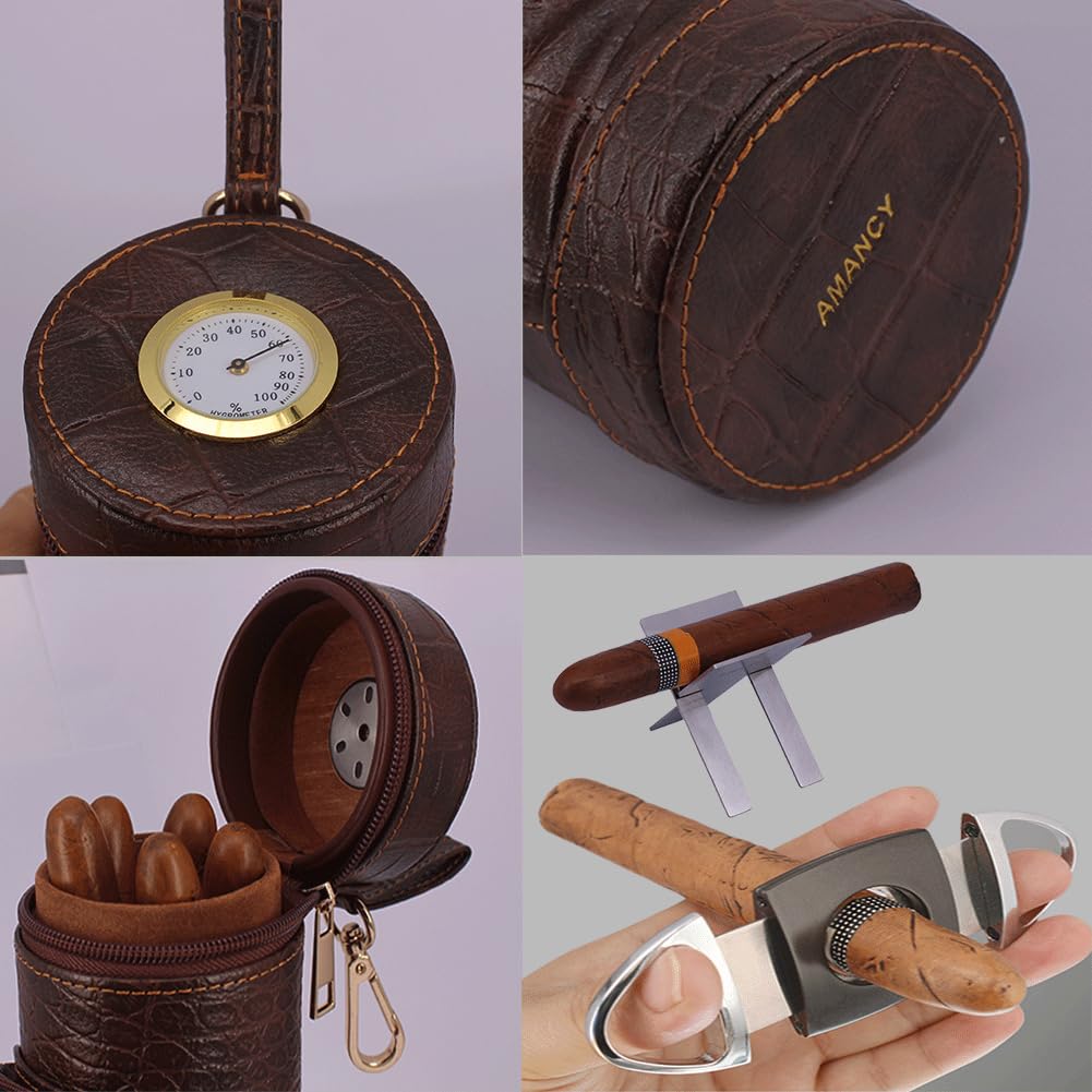 AMANCY Classy Cylindrical Hand Carry Cigar Case with Premium Cutter and Rest, Cedar Wood Lined Travel Cigar Holder Humidor kit with Built-In Hygrometer, Long Humidifier, and Dropper