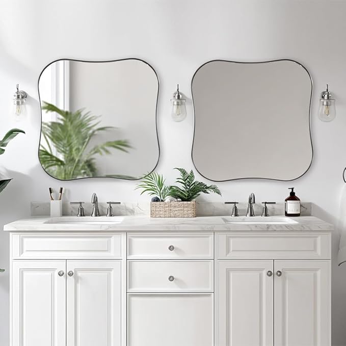 ANDY STAR 30x30 Inch Brushed Nickel Bathroom Mirror,Square Scallope Mirror with Unique Notched Edges Design in 1 Inch Stainless Steel Metal Frame Wall Mounted Mirror for Home Bathroom