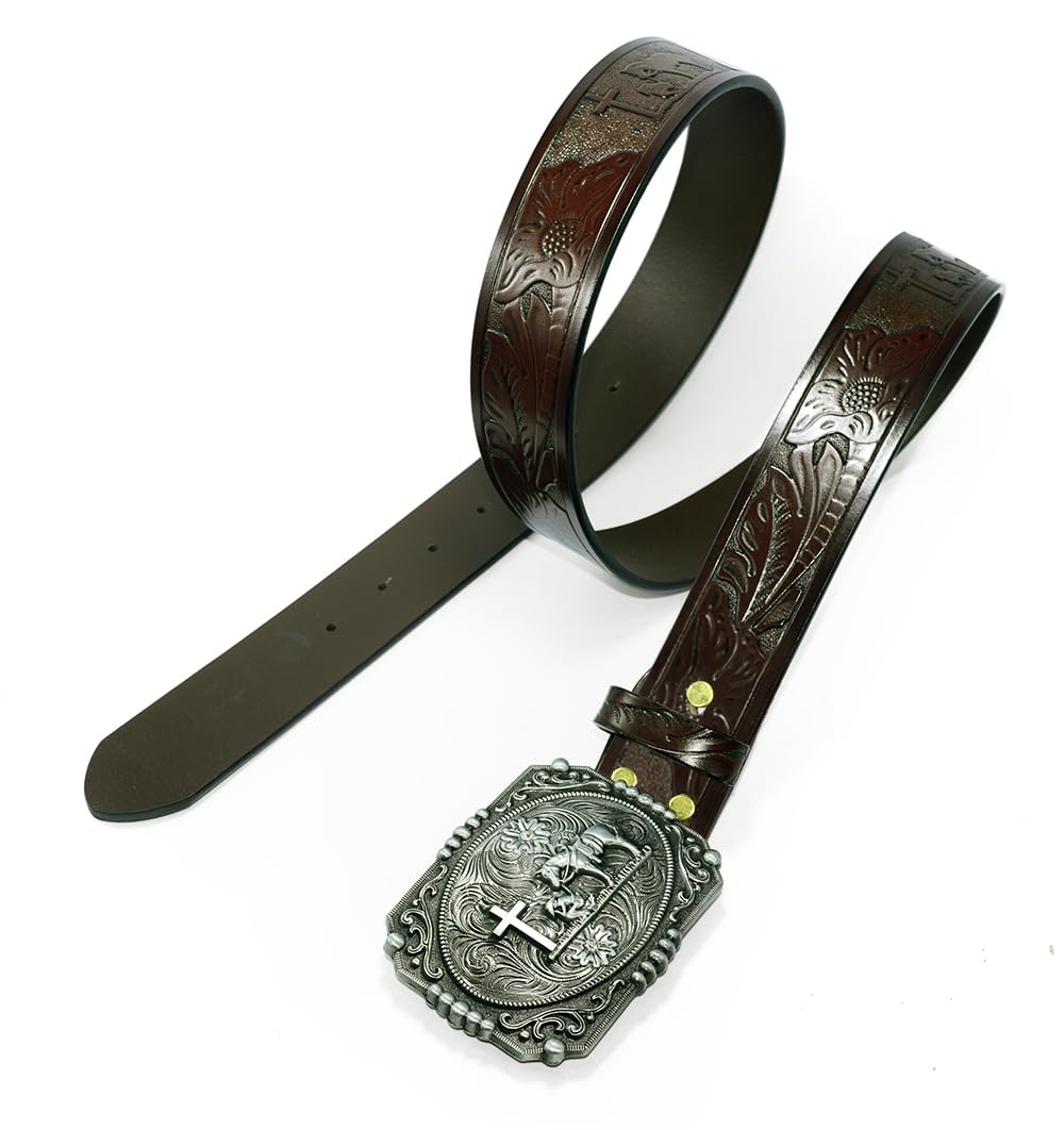 Moranse Western Cowboy Horse & Bull Style Buckle And Genuine Cow Leather Belts