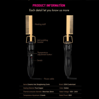 Electric Hot Comb Hair Straightener Heat Pressing Comb Curling Flat Iron Curler Hair Straightener Brush for Natural Black,Anti-Scald Beard Straightening Electric Press Comb
