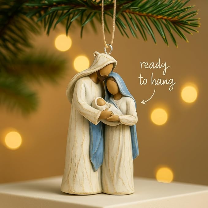 Holy Family Nativity Hanging Ornament – Hand-Painted Resin Christmas Décor Religious Gift Keepsake for Tree or Wreath, Mary Joseph and Baby Jesus Figurine (Holy Family)