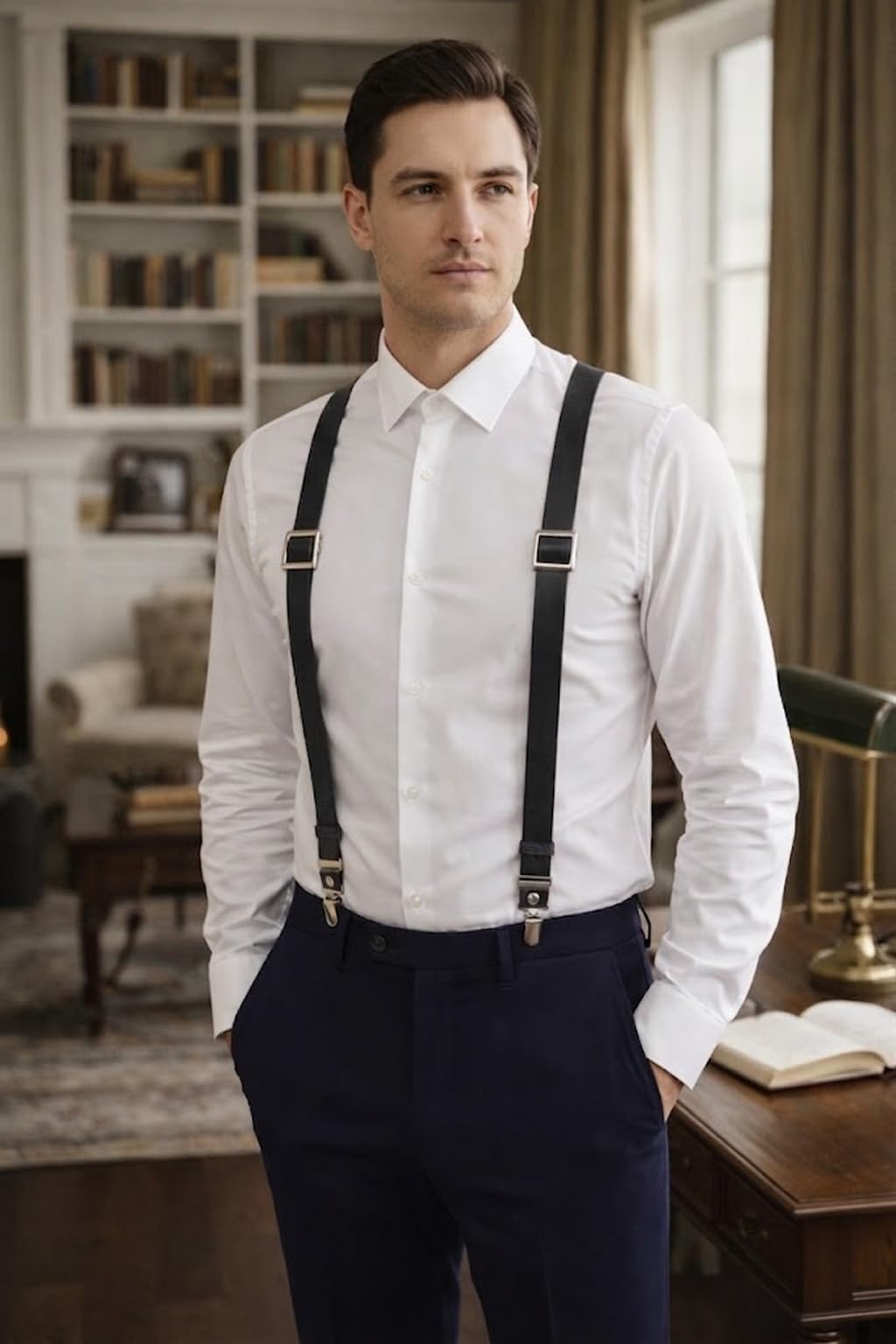 Voolup Leather Suspenders for Men Y-Back Adjustable with 4 Metal Clips Genuine Brown Wedding Groomsmen Gift (Black)