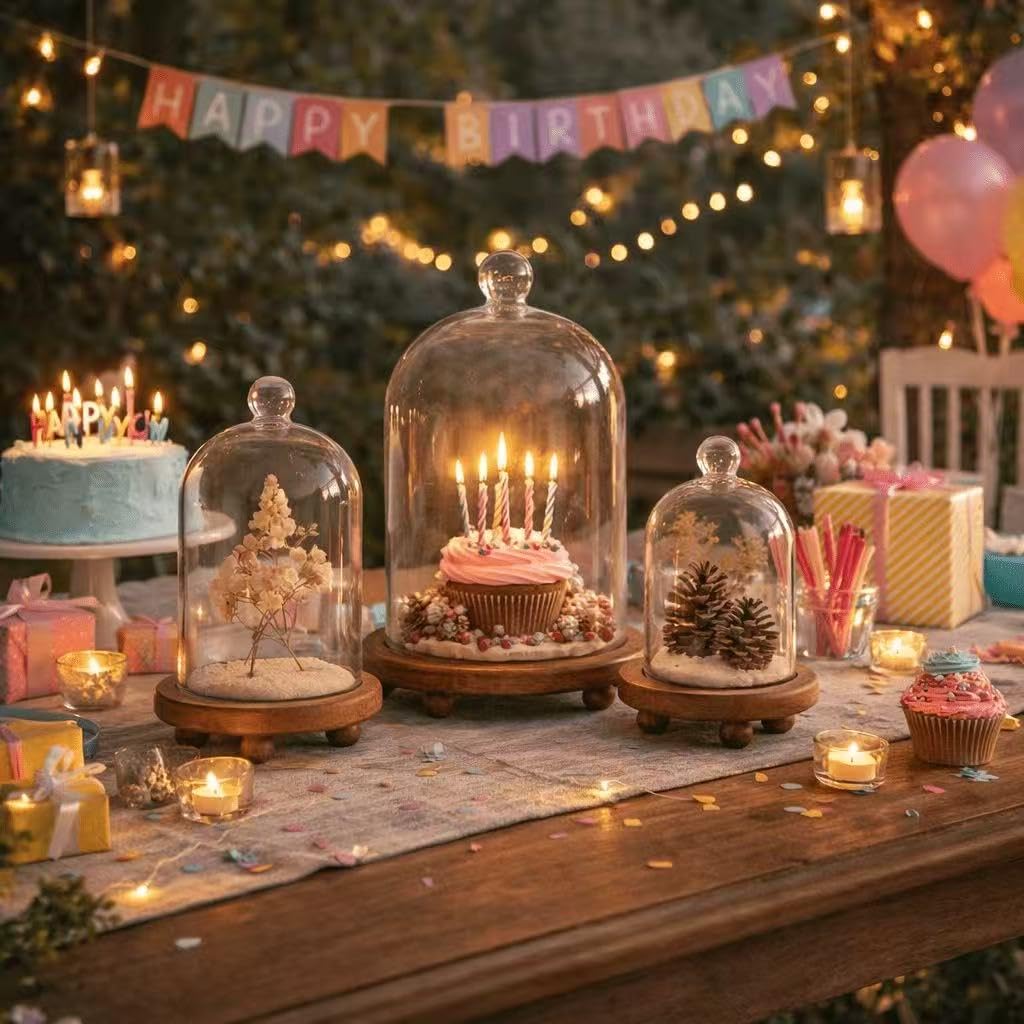 KMwares 3pcs Glass Bell Shape Dome Set (5.7"/4.9"/4.3") | Cloche Display with Wood Base | Empty Domes, Not Included Decorations