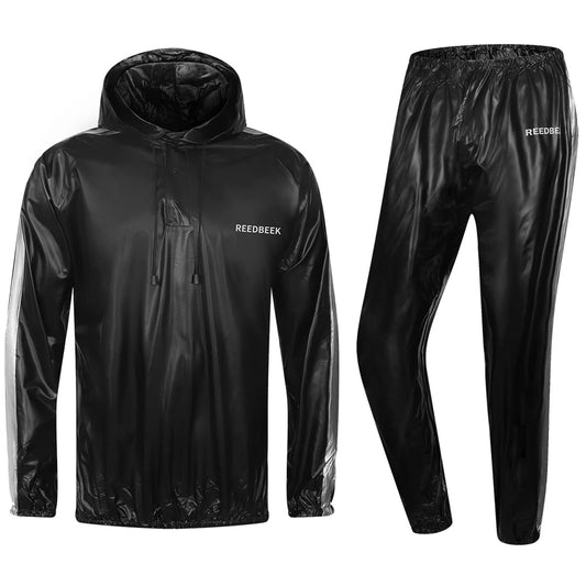 REEDBEEK Heavy Duty Fitness Sweat Suit Heat Trapping Sauna Suit Gym Exercise Heat Shaper Button Jacket Pant Black Large