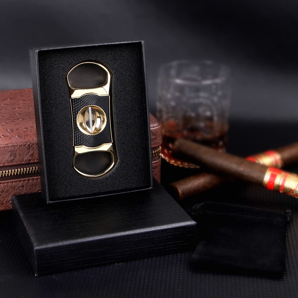 KEENSUN Zinc Alloy V-Cut Cigar Cutter (Gold and Black CNC Engraved Diamond Finish), 60 Ring Gauge, Stainless Steel Cut Blade with Leather Case, Cigar Holder and Gift Box