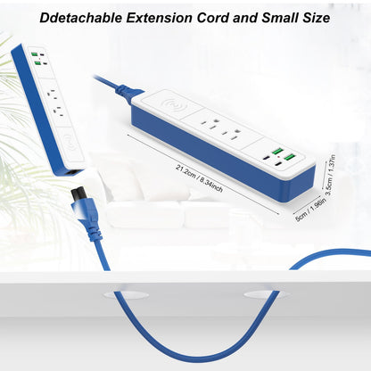 7-in-1 Wireless Fast Charge Power Strip with USB C, 2 USB-C Ports,2 AC Outlet,2 USB-A, Fast Charging Station for Nightstand Desktop Office Dorm,6 ft Ddetachable Extension Cord (Blue, 6 FT)