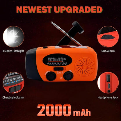 7400mWh Weather Emergency Radio, Portable Solar AM/FM/NOAA Hand Crank Radio, Cell Phone Charger with SOS, 1W LED Flashlight, Headphone Jack, Power for Emergency Preparedness (2000mAh Orange)