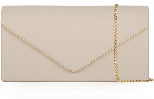Vegan Leather Envelope Clutch Bag Classic Dressy Purse Foldover Evening Handbag Beige Medium