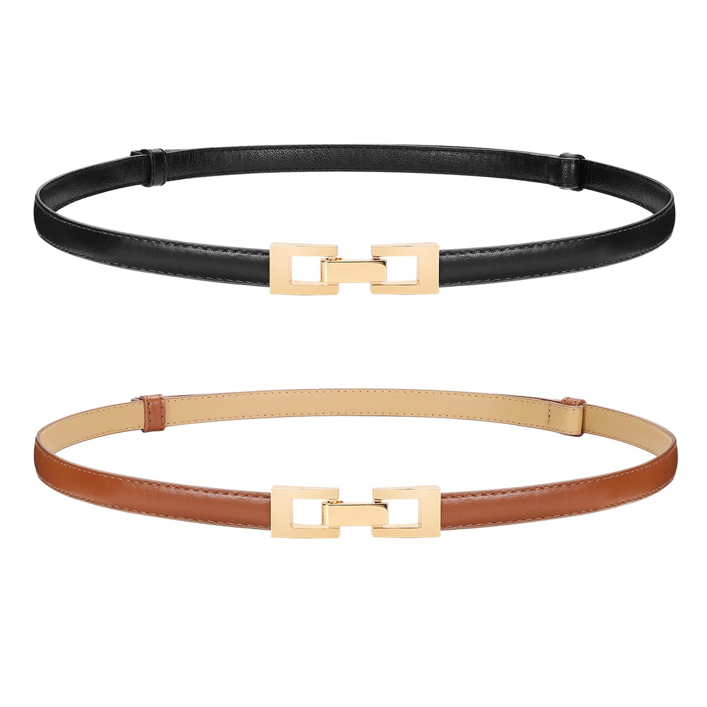 WERFORU 2 Pack Women Skinny Belt Thin Waist Belt for Pants Leather Belt with Gold Buckle for Jeans Dress,0.6" width,black+brown