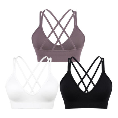Sports Bra for Women,V-Neck Strappy Sports Bras Padded Criss Cross Back Low Support Yoga Bra with Removable Cups 3 Pack